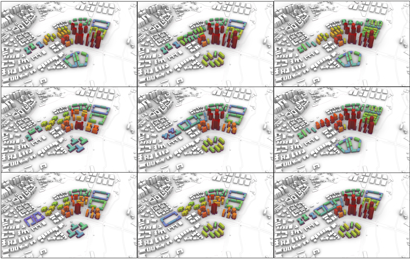 Nine generated alternatives at district scale
