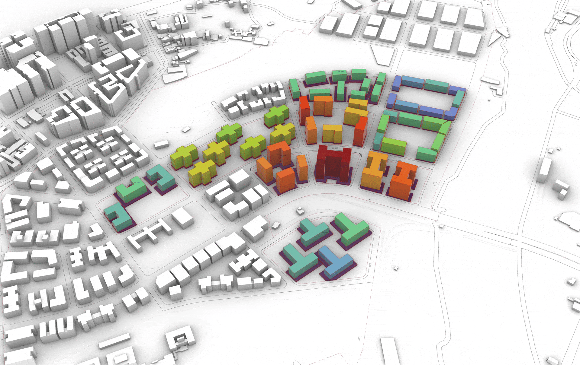 UrbGEN generated massing across multiple sites
