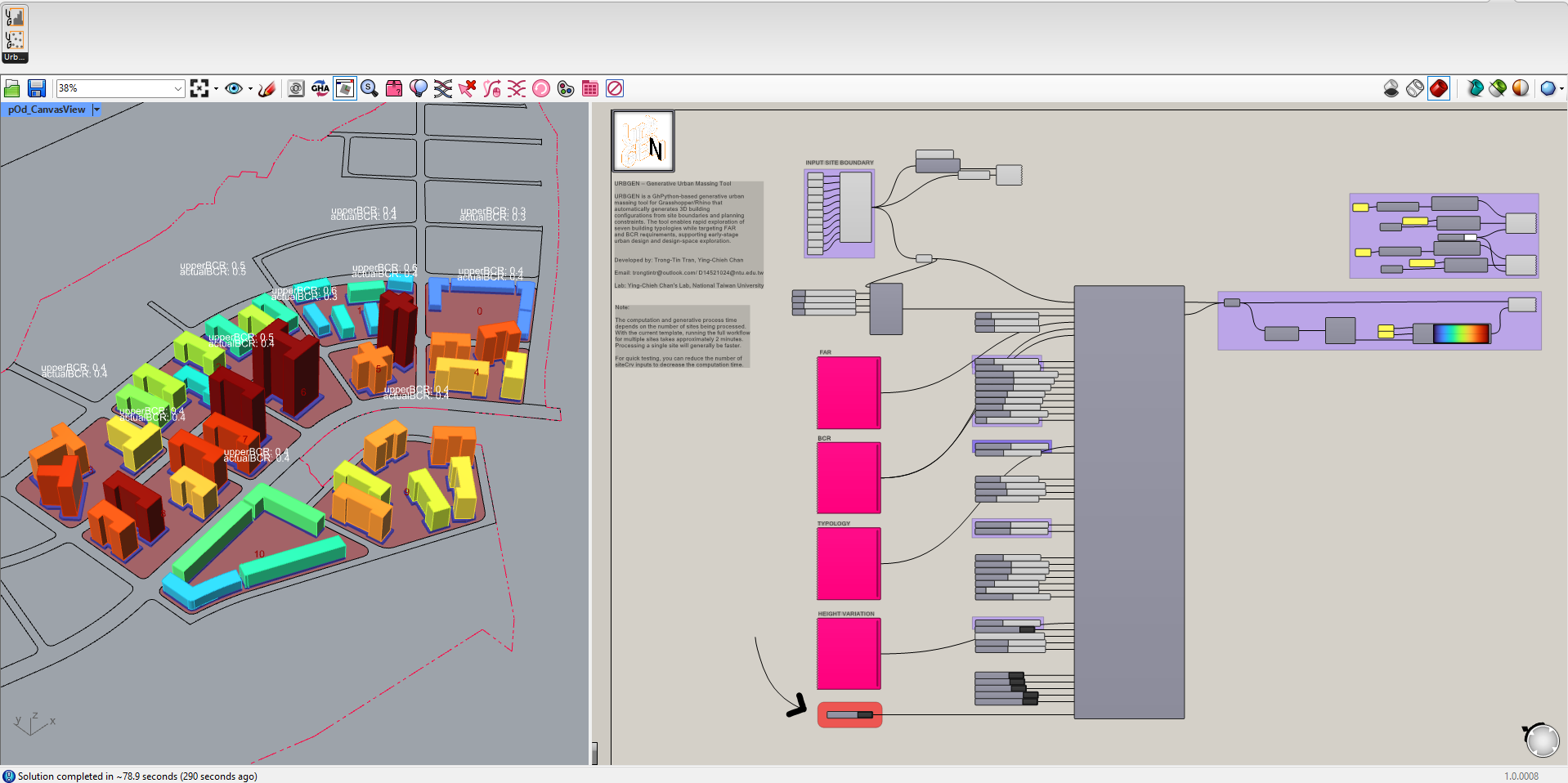 UrbGEN in the Rhino viewport and Grasshopper canvas